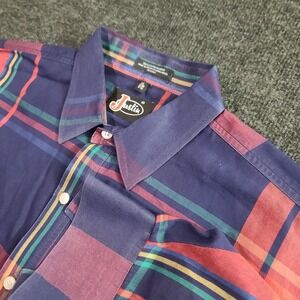 Justin Boots Plaid Shirt Mens Large Button Up Western Rodeo Cowboy Long‎ Sleeve